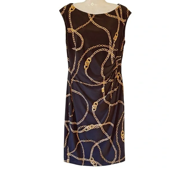 Lauren Ralph Lauren Equestrian Print Stretch Sheath Black with Gold Chains   8 - Picture 2 of 10